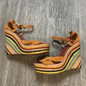 PALOMA BARCELO Suede Knot Multi Colored Raffia Espadrille Wedge Sandals 39 Spain